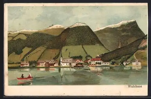 Lithographie Walchsee, Ort und Gebirge vom See aus