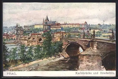 Künstler-AK Prag / Praha J. Jedlicka: Prag, Karlsbrücke und Hradschin