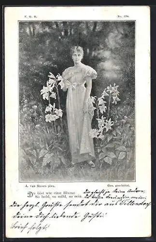 Künstler-AK Arno von Riesen: Dame inmitten von blühenden Lilien