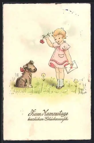 Künstler-AK Inge Schott: Kleines Mädchen spielt mit Hund