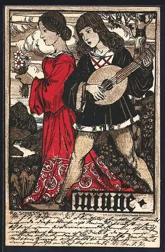 Künstler-AK Rudolf Schiestl: Ein Minnesänger macht einer Dame den Hof