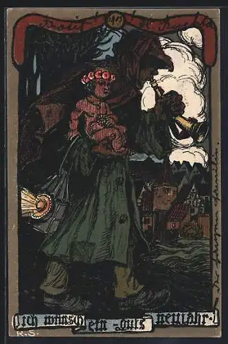 Künstler-AK Rudolf Schiestl: Nachtwächter mit Kind auf dem Arm