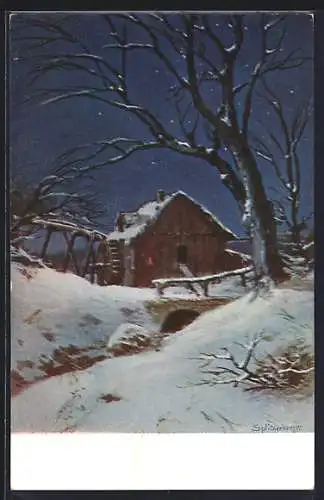 Künstler-AK August Splitgerber: Weihnachtsgrüsse, Wassermühle in einer verschneiten Winternacht