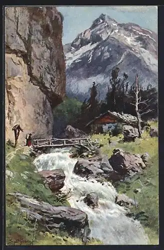 Künstler-AK August Splitgerber: Berglandschaft mit Gebirgsflusslauf