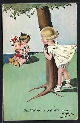 Künstler-AK Chicky Spark: Das hätt` ich nie geglaubt, Mädchen beobachet ihre Freundin mit einem Knaben