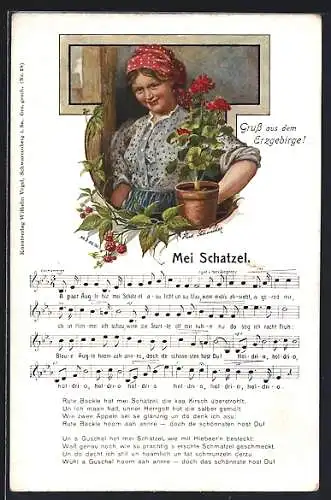 Künstler-AK Rudolf Schneider: Junge Frau in Tracht am Fenster, Mit Liedtext Mei Schatzel