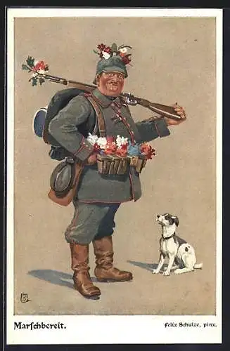 Künstler-AK Felix Schulze: Marschbereiter Soldat mit Gewehr