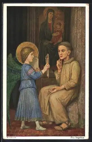 Künstler-AK Matthäus Schiestl: Fra Angelico, Engel gibt einem jungen Mann Pinsel vor Marienbild