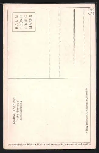 Künstler-AK Matthäus Schiestl: Fra Angelico, Engel gibt einem jungen Mann Pinsel vor Marienbild