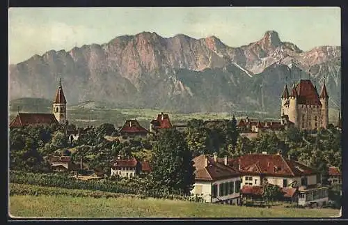 AK Thun, Blick auf Schloss und Kirche mit der Stockhornkette