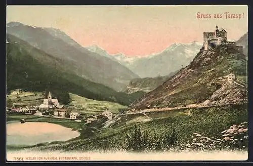 AK Tarasp, Ansicht mit Burg und See