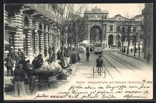 AK Zürich, Bahnhofstrasse & Bahnhof, Strassenbahn