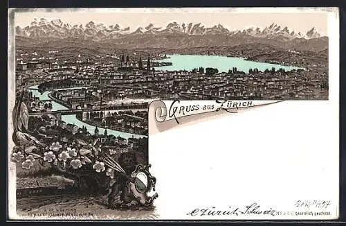 Lithographie Zürich, Ortsansicht aus der Vogelschau