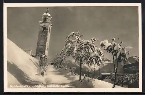 AK St. Moritz, Schiefer Turm im Winter