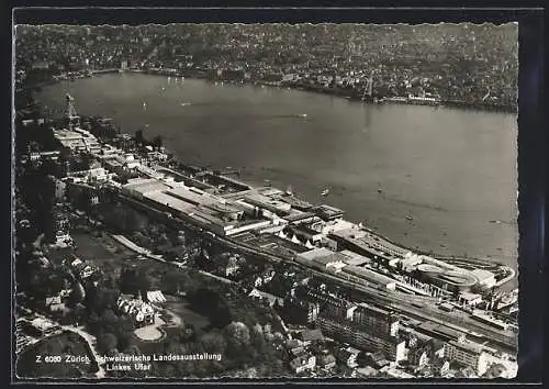 AK Zürich, Schweizerische Landesausstellung 1939, Fliegeraufnahme vom linken Ufer