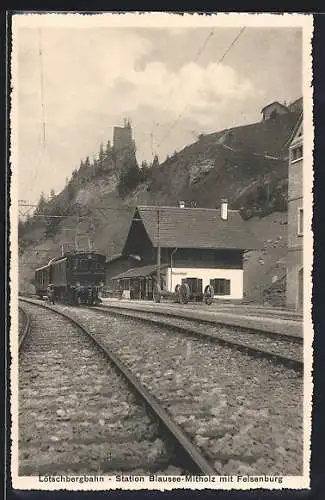 AK Kandergrund, Station Blausee-Mitholz der Lötschbergbahn mit Felsenburg