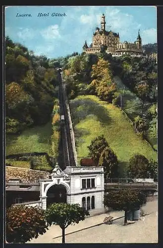 AK Luzern, Hotel Gütsch mit Gütschbahn, Bergbahn