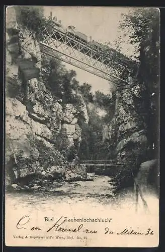 AK Biel, schweizer Eisenbahn über der Taubenlochschlucht