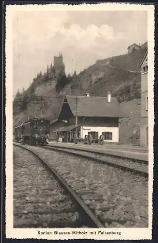 AK Kandergrund, Station Blausee-Mitholz der Lötschbergbahn mit Felsenburg