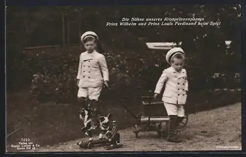 AK Prinz Wilhelm und Prinz Louis Ferdinand mit Spielzeugpferd und Bollerwagen