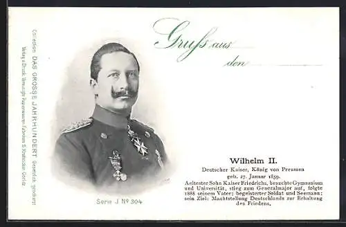 AK Kaiser Wilhem II. mit Orden, Portrait und Kurzvita