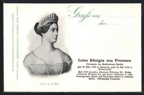 AK Luise Königin von Preussen mit Krone, Portrait und Kurzvita