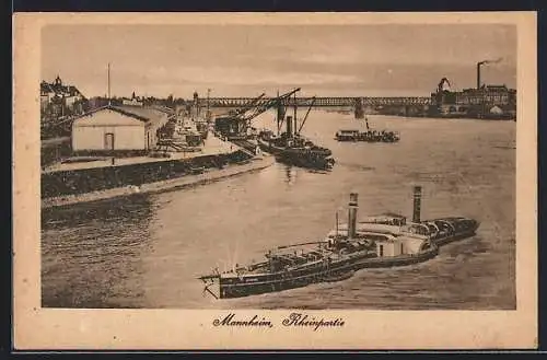 AK Mannheim, Dampfer auf dem Rhein, Industriehafen