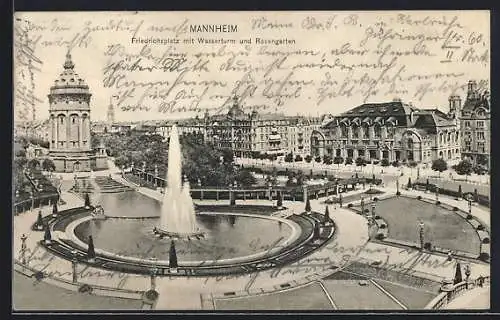 AK Mannheim, Friedrichsplatz mit Wasserturm und Rosengarten