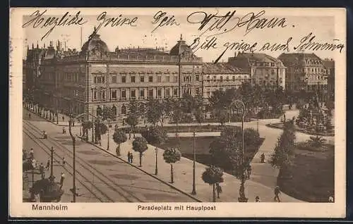 AK Mannheim, Paradeplatz mit Hauptpostamt und Litfasssäule