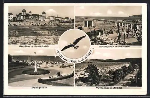 AK Binz auf Rügen, Konzertplatz mit Hochufer, Kurhaus, Promenade und Strand