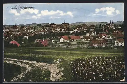 AK Donaueschingen, Blick über Felder auf den Ort