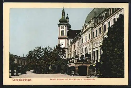 AK Donaueschingen, Fürstl. Schloss mit Stadtkirche und Donauquelle