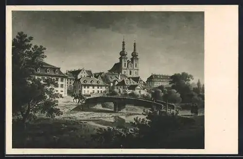 Künstler-AK Donaueschingen, Teilansicht mit Brücke und Kirche