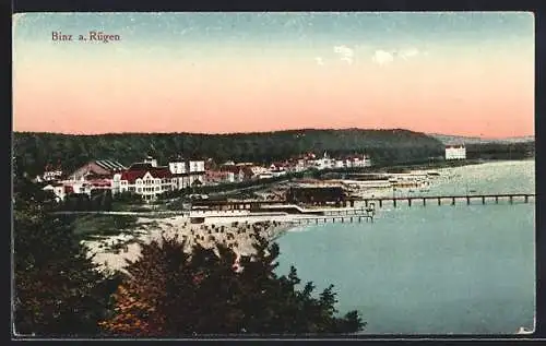 AK Binz, Panorama-Ansicht mit Kurhaus, Familienbad und Seebrücke