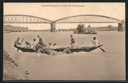 AK Germersheim, Pioniere bei Schwimmübungen im Rhein, Baggerschiff