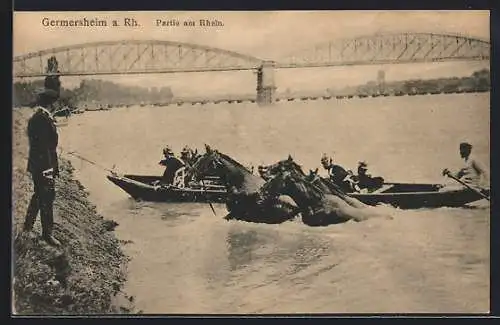 AK Germersheim a. Rh., Soldaten mit Pferden bei einer Rheinquerung, Eisenbahnbrücke