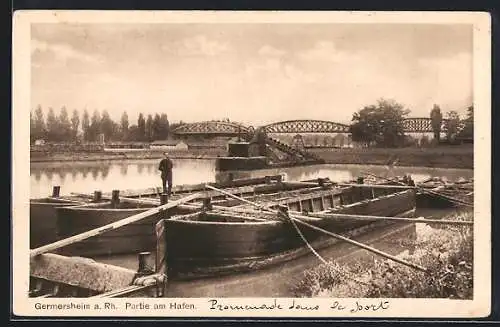 AK Germersheim /Rh., Hafen mit Frachtkähnen und Brücke