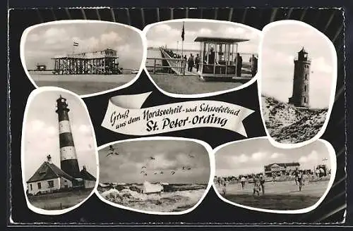 AK St. Peter-Ording, Leuchtturm, Seebrücke und Uferpartie