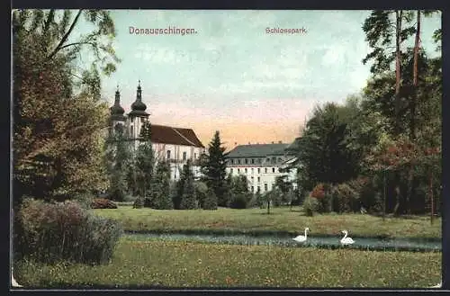 AK Donaueschingen, Schlosspark mit Schwanenteich