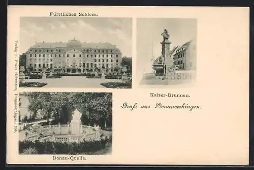 AK Donaueschingen, Fürstliches Schloss, Donau-Quelle, Kaiser-Brunnen