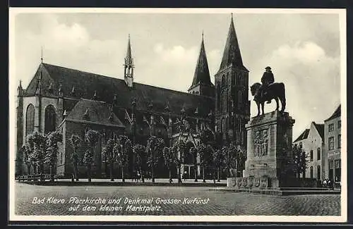 AK Bad Kleve, Pfarrkirche und Denkmal Grosser Kurfürst auf dem kleinen Marktplatz