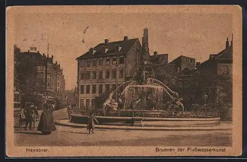 AK Hannover, Brunnen der Flusswasserkunst mit Strassenbahn