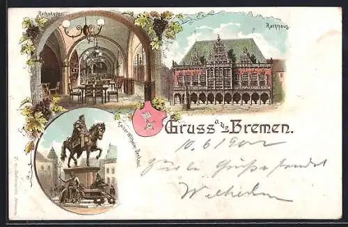 Lithographie Bremen, Rathaus, Gasthaus Rathskeller, Kaiser Wilhelm-Denkmal