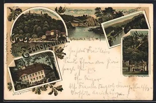 Lithographie Lichtenwalde, Schloss Lichtenwalde m. Mühle im Zschopauthal, Harras-Eiche & Harras-Denkmal