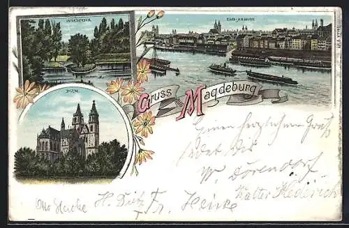 Lithographie Magdeburg, Panorama mit Elb-Ansicht, Inselteich & Doch