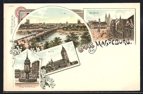 Lithographie Magdeburg, Alt-Markt, Dom, Kaiser Otto-Denkmal