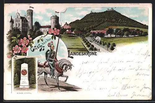 Lithographie Görlitz, Landeskrone, Körner-Denkmal, Ritter zu Pferde