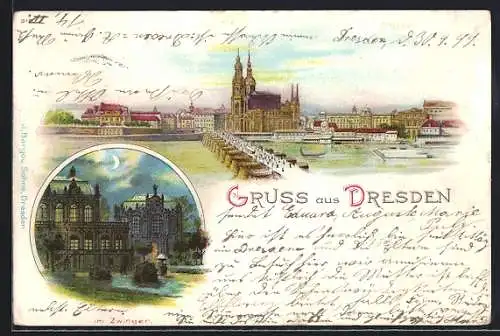 Lithographie Dresden, Altstadt mit Kirche, Im Zwinger