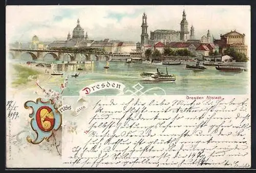 Lithographie Dresden, Altstadt von der Elbe aus gesehen