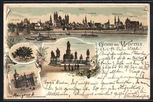 Lithographie Worms, Luther-Denkmal, Luther-Baum, Rathaus, Dampfer